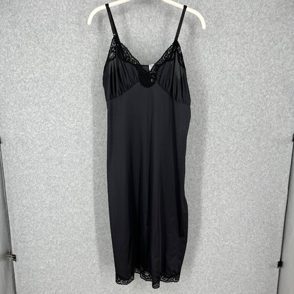 Bullocks Vintage Midi Slip Dress Size 34 Black Satin Lace Trim Empire USA Union
